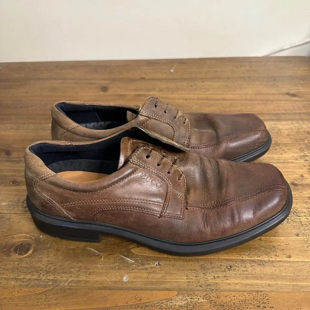 ECCO Shoes Mens 8 Dress Oxford Brown Leather Lace Up Bicycle Toe Low Heels